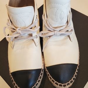 Chanel Black and Ivory Lambskin leather high top sneakers espadrilles shoes 38